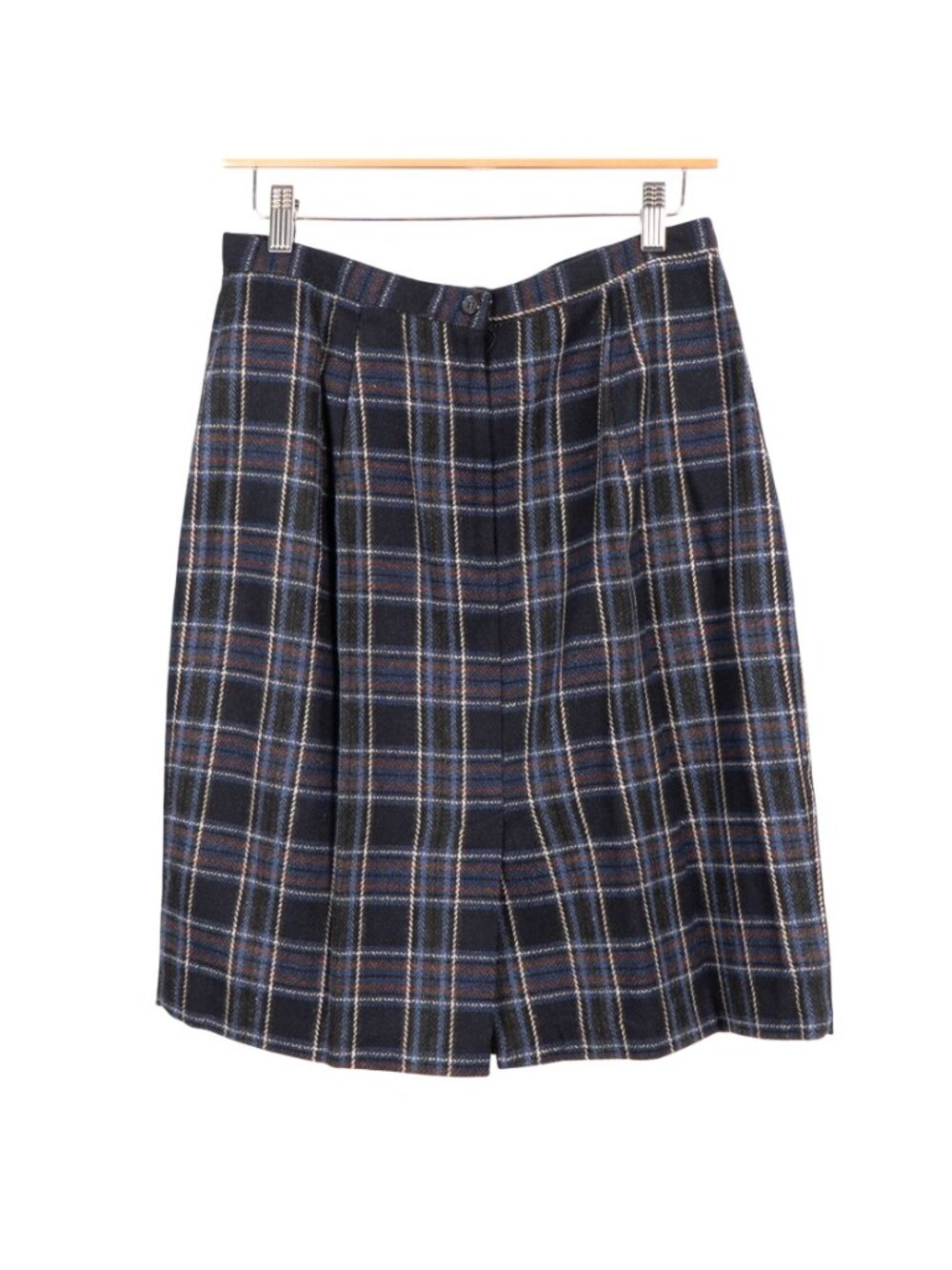 Plaid Wool Skirt 14 Womens Preppy Schoolgirl Y2K Blue Brown 90s Look Winter Knee - Picture 5 of 6